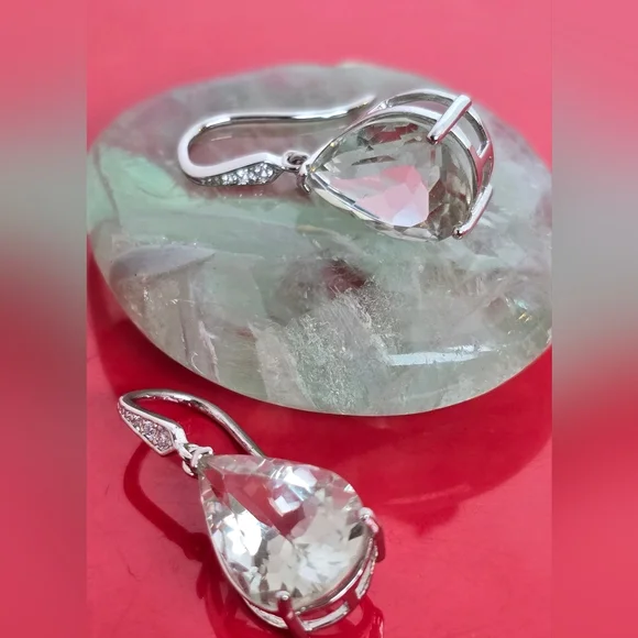 Natural Green Amethyst & Cz 925 Sterling Silver Earrings